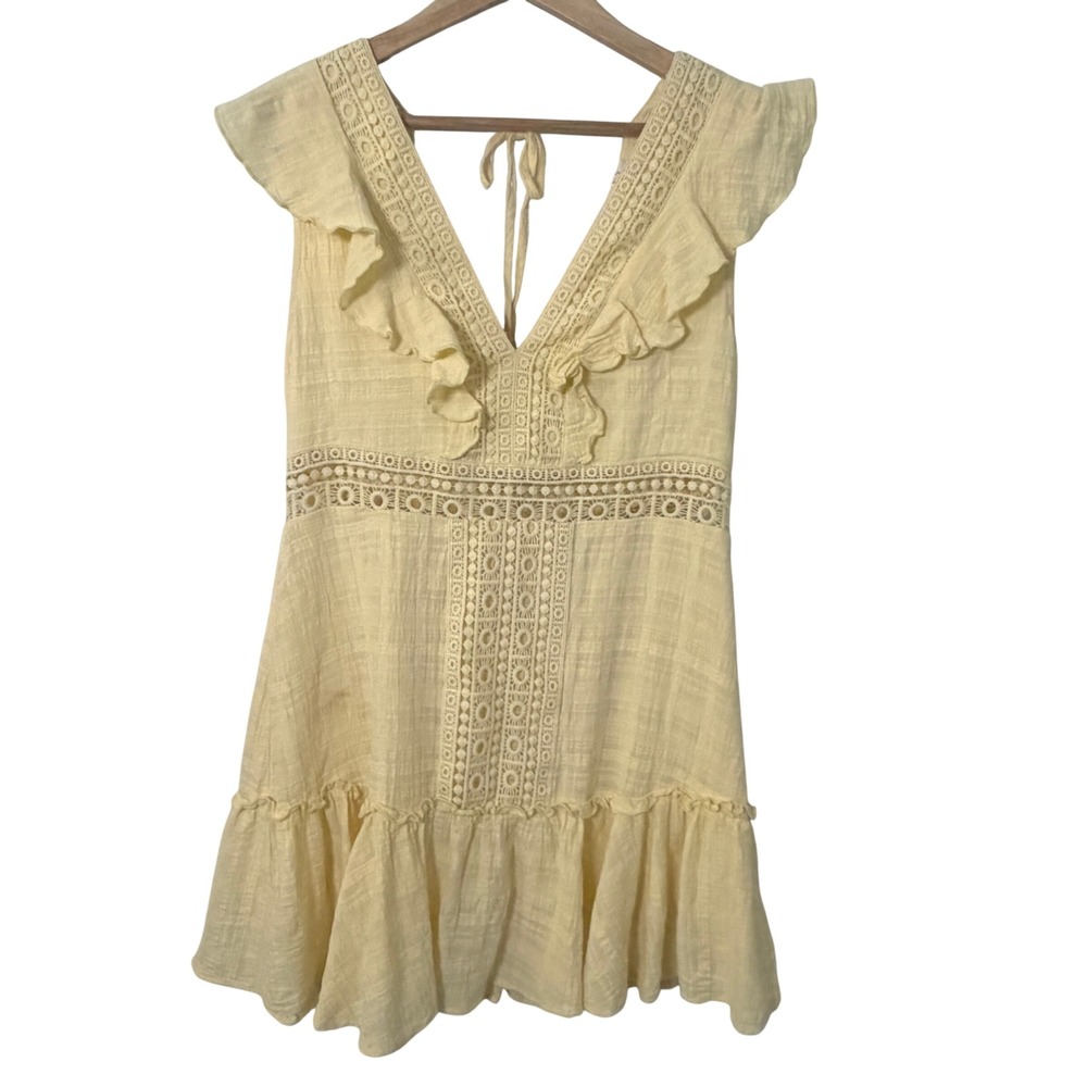 Audrey Parks Francesca's Mini Dress Womens Large Yellow Eyelet Ruffle Excellent